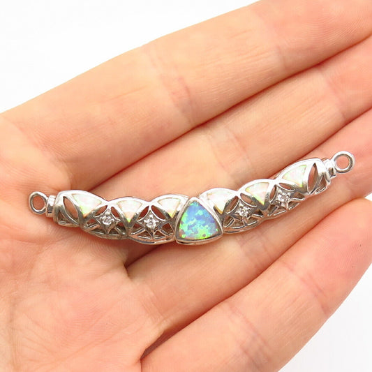 925 Sterling Silver Real Opal Gemstone & C Z Cutout Design Necklace Central Part