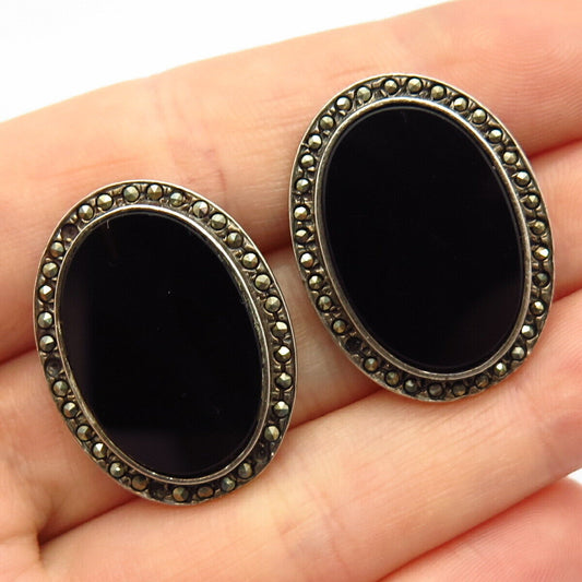 925 Sterling Silver Vintage Art-Deco Marcasite & Black Onyx Gem Oval Earrings