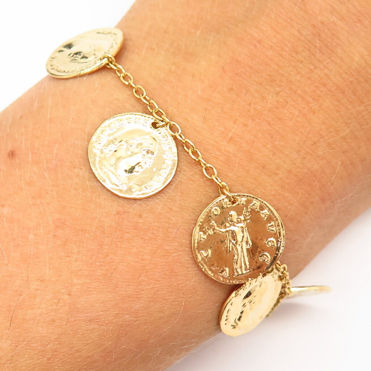 925 Sterling Silver Gold Plated Coin Design Charm Link Bracelet 7 1/4-7.5"