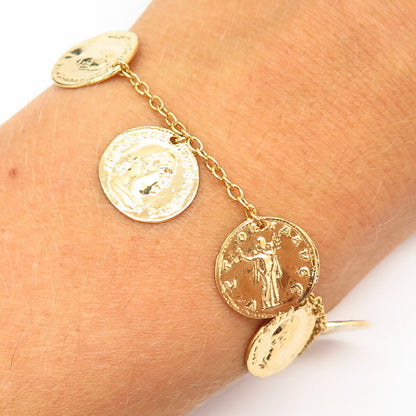 925 Sterling Silver Gold Plated Coin Design Charm Link Bracelet 7 1/4-7.5"