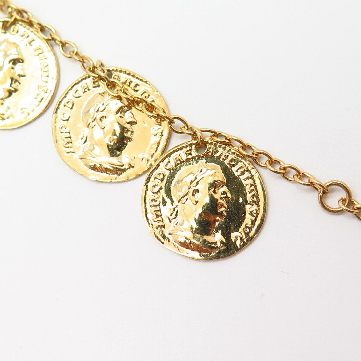 925 Sterling Silver Gold Plated Coin Design Charm Link Bracelet 7 1/4-7.5"