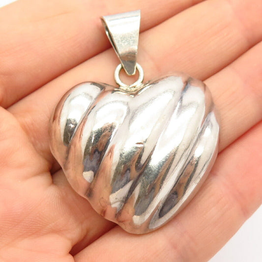 925 Sterling Silver Vintage Mexico Puffy Ribbed Heart Design Large Pendant