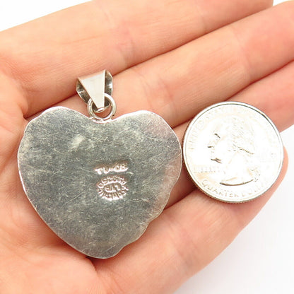 925 Sterling Silver Vintage Mexico Puffy Ribbed Heart Design Large Pendant