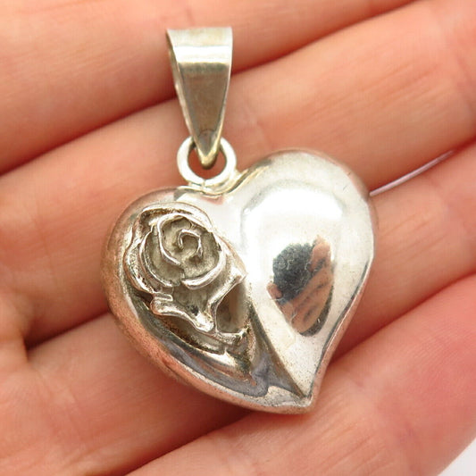 925 Sterling Silver Vintage Mexico Hollow Rose Floral Design Heart Pendant