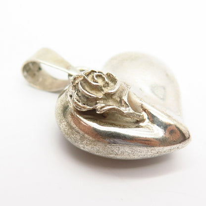 925 Sterling Silver Vintage Mexico Hollow Rose Floral Design Heart Pendant