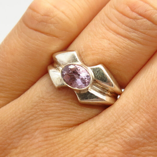 925 Sterling Silver Real Amethyst Gem Geometric Design Ring Size 6