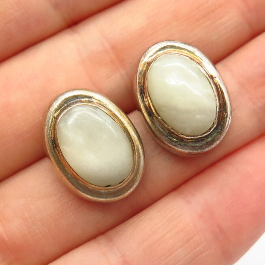 925 Sterling Silver Real White Aventurine Gemstone Oval Stud Earrings