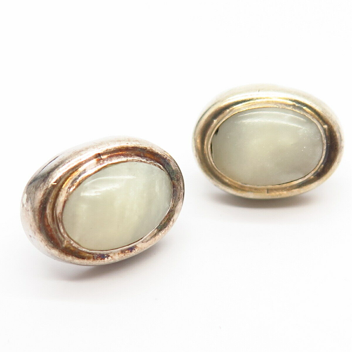 925 Sterling Silver Real White Aventurine Gemstone Oval Stud Earrings