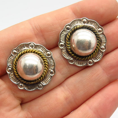 925 Sterling Silver 2-Tone Vintage Mexico Domed Floral Design Hollow Earrings