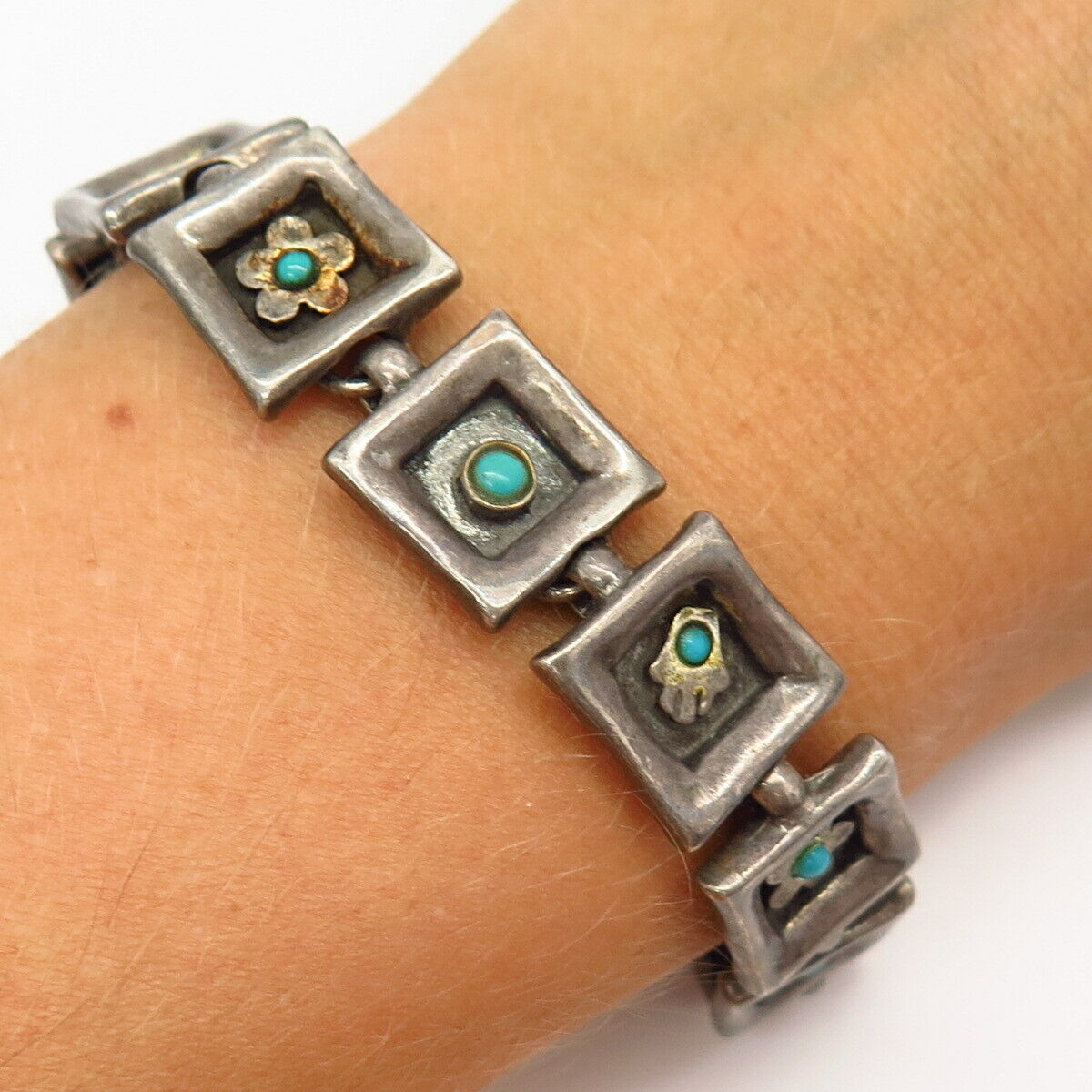 925 Sterling Silver Israel Lior Real Turquoise Gemstone Square Link Bracelet 7"