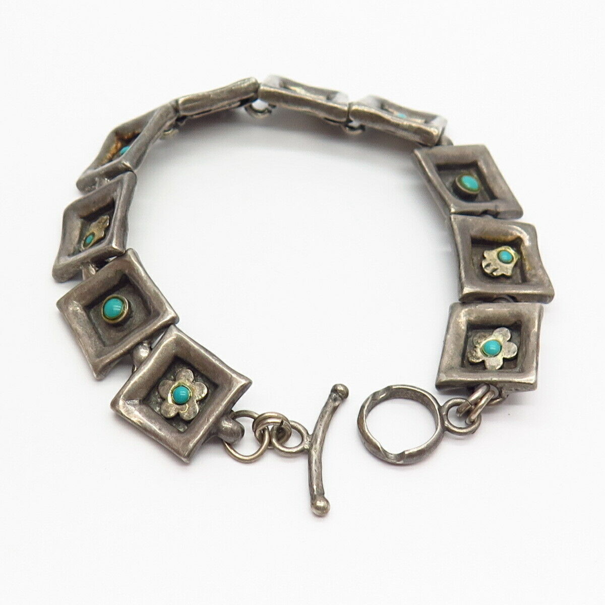 925 Sterling Silver Israel Lior Real Turquoise Gemstone Square Link Bracelet 7"