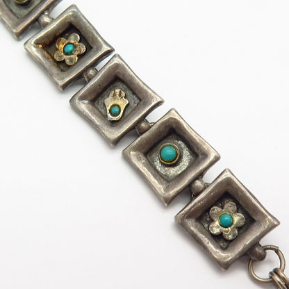 925 Sterling Silver Israel Lior Real Turquoise Gemstone Square Link Bracelet 7"