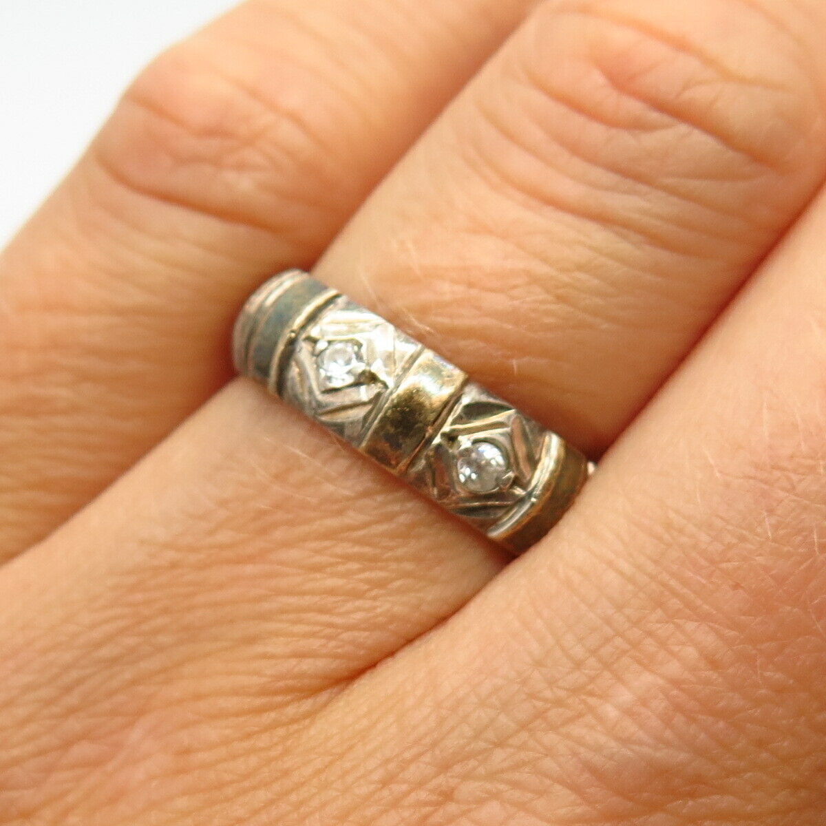 925 Sterling Silver C Z Ornate Design Band Ring Size 7 1/4