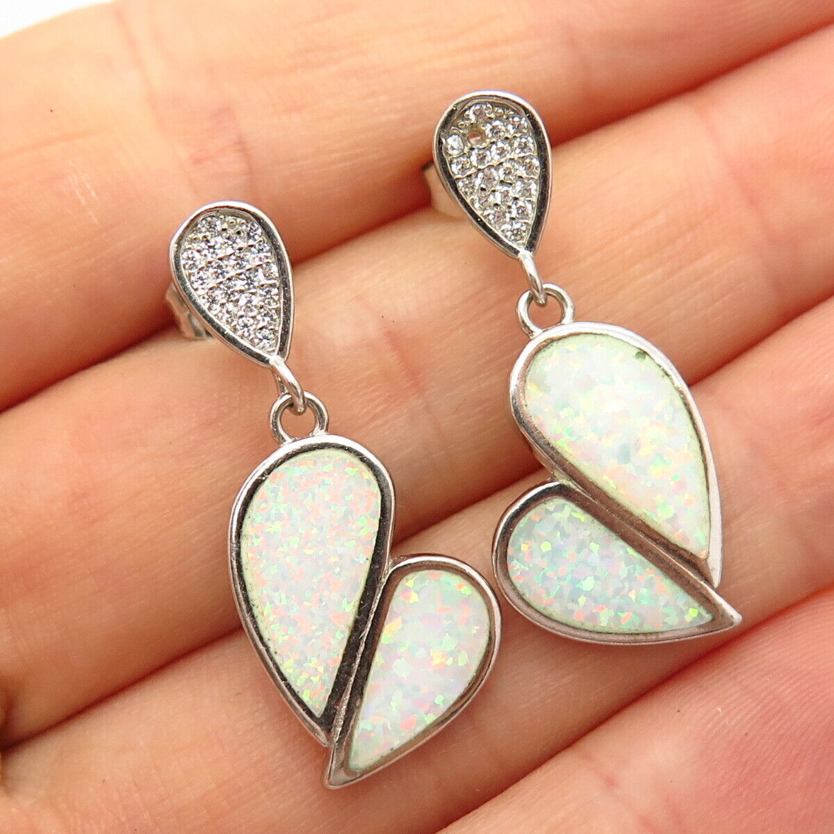 925 Sterling Silver Real Opal Gem & C Z Heart Design Dangling Earrings