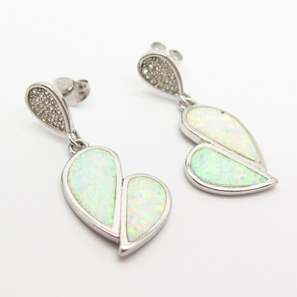 925 Sterling Silver Real Opal Gem & C Z Heart Design Dangling Earrings