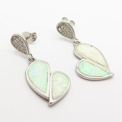 925 Sterling Silver Real Opal Gem & C Z Heart Design Dangling Earrings