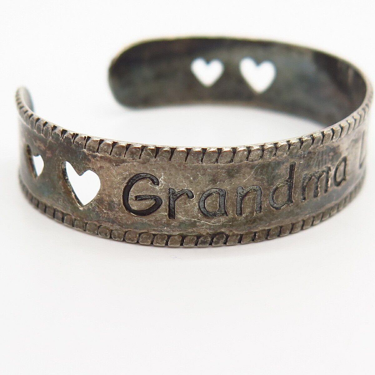 925 Sterling Silver "Grandma Loves Me" Cutout Heart Baby Cuff Bracelet 4 3/4"