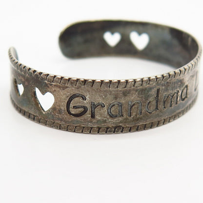 925 Sterling Silver "Grandma Loves Me" Cutout Heart Baby Cuff Bracelet 4 3/4"