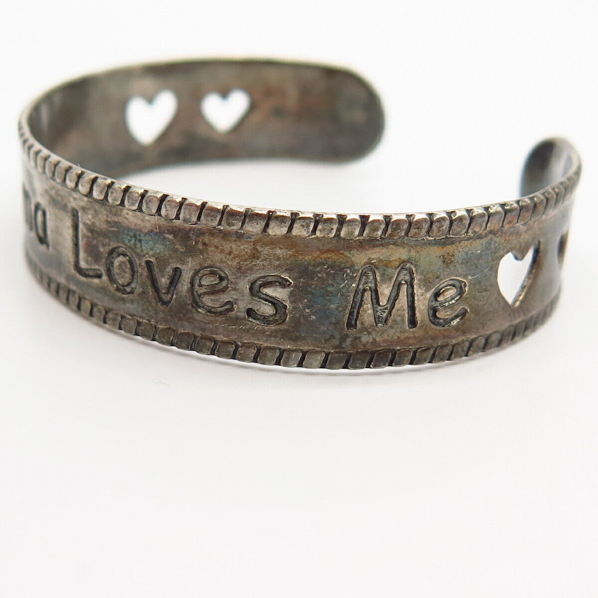 925 Sterling Silver "Grandma Loves Me" Cutout Heart Baby Cuff Bracelet 4 3/4"