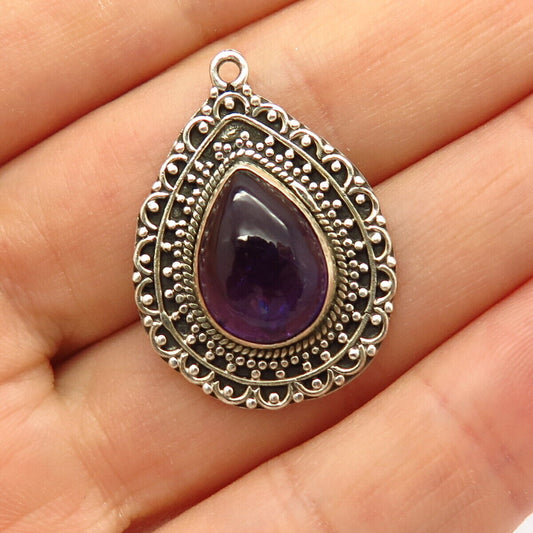 925 Sterling Silver Real Amethyst Gemstone Teardrop Design Pendant