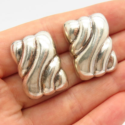 925 Sterling Silver Vintage Mexico Puffy Curved Ribbed Design Hollow Earrings