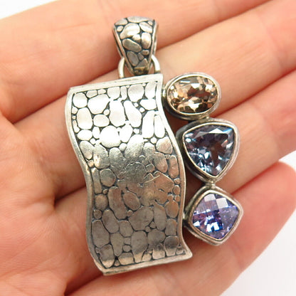 925 Sterling Silver Multi-Color C Z Pebble & Curved Design Pendant