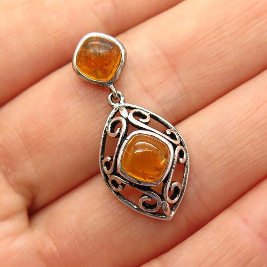 925 Sterling Silver Real Amber Swirl Design Slide Pendant