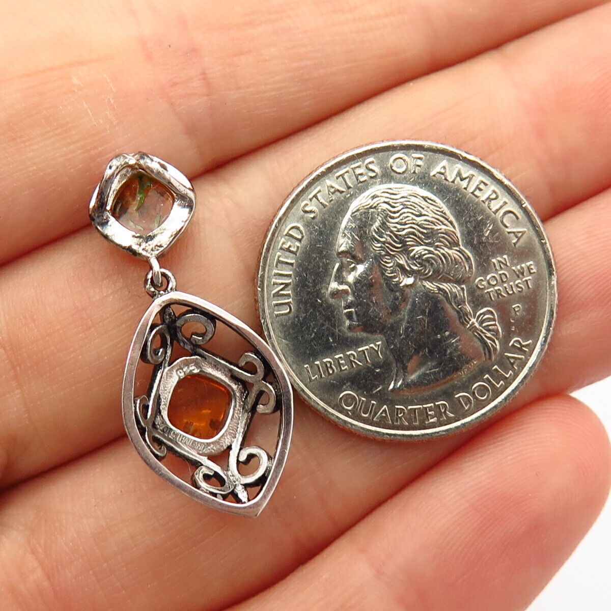 925 Sterling Silver Real Amber Swirl Design Slide Pendant