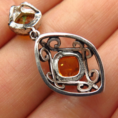 925 Sterling Silver Real Amber Swirl Design Slide Pendant