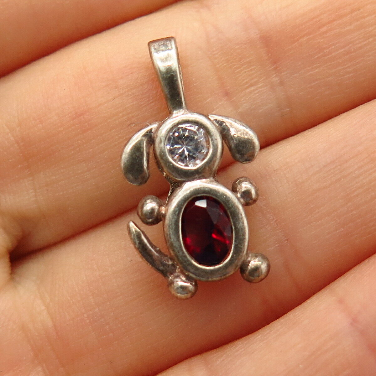 925 Sterling Silver White & Red C Z Puppy / Dog Design Pendant