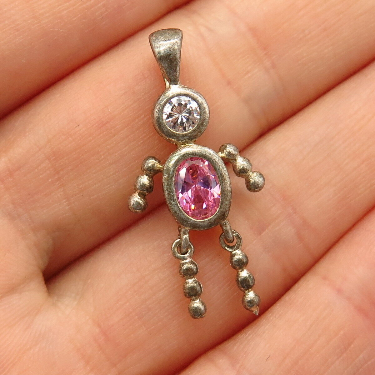 925 Sterling Silver White & Pink C Z Articulated Man Pendant