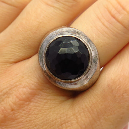 925 Sterling Silver Real Black Onyx Gem Statement Domed Ring Size 8 1/4