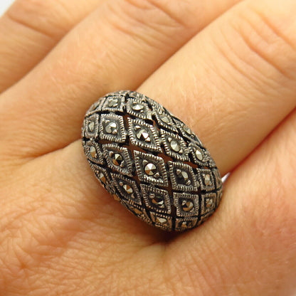 925 Sterling Silver Real Marcasite Gem Domed Design Ring Size 8 1/4