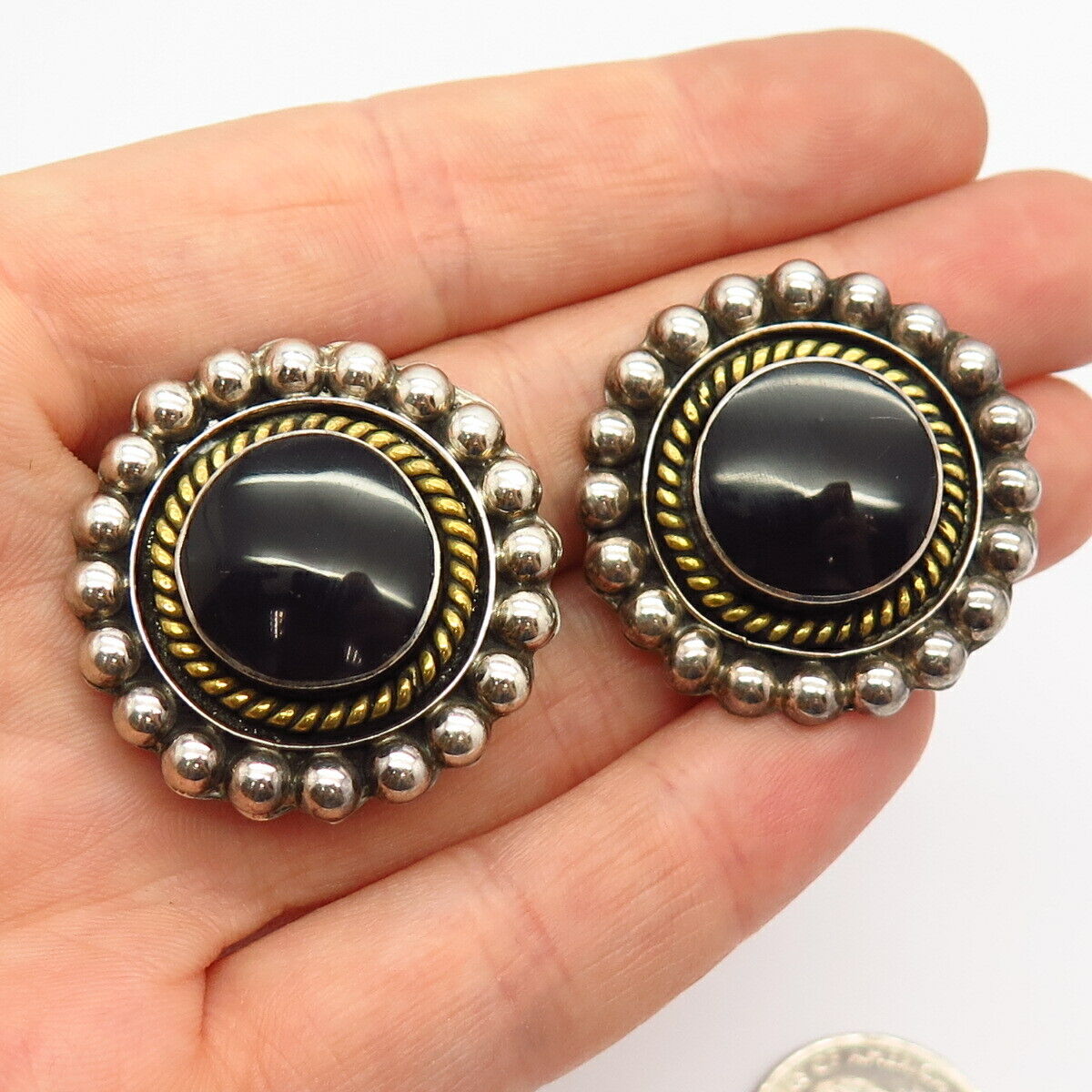 925 Sterling Silver 2-Tone Vintage Mexico Real Black Onyx Gem Clip On Earrings