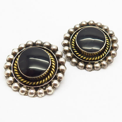 925 Sterling Silver 2-Tone Vintage Mexico Real Black Onyx Gem Clip On Earrings