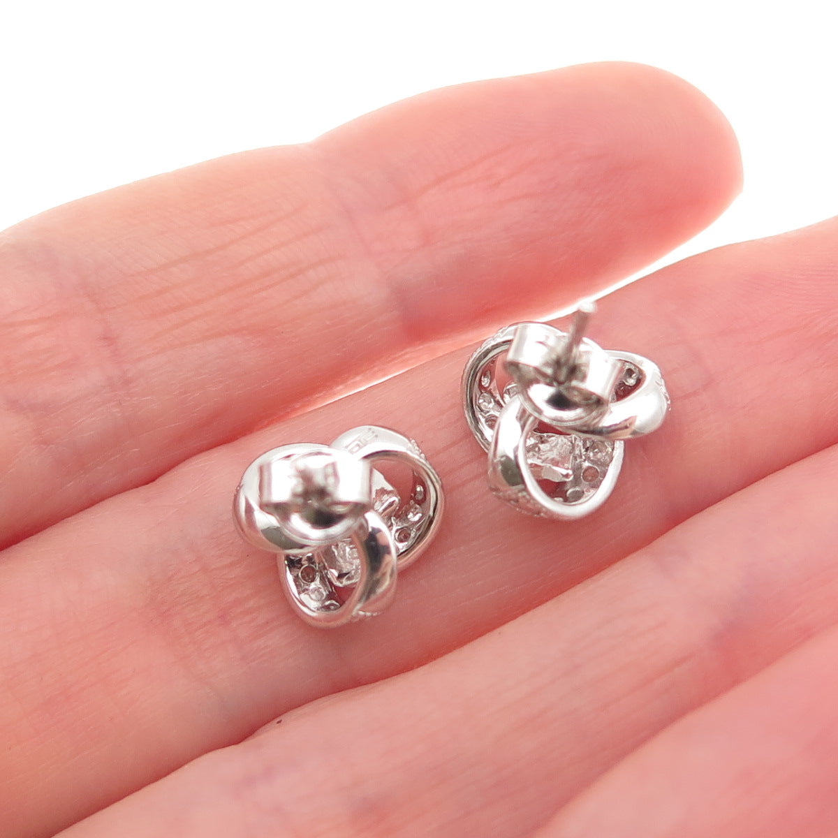 925 Sterling Silver Real Round-Cut Diamond Twisted Knot Stud Earrings