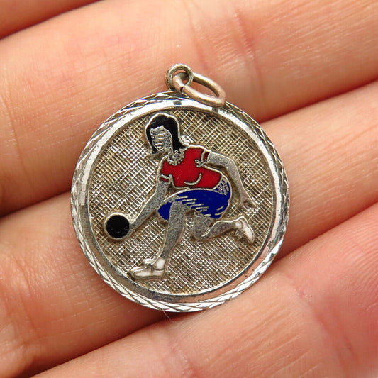 925 Sterling Silver Vintage Enamel Bowling Girl Design Charm Pendant