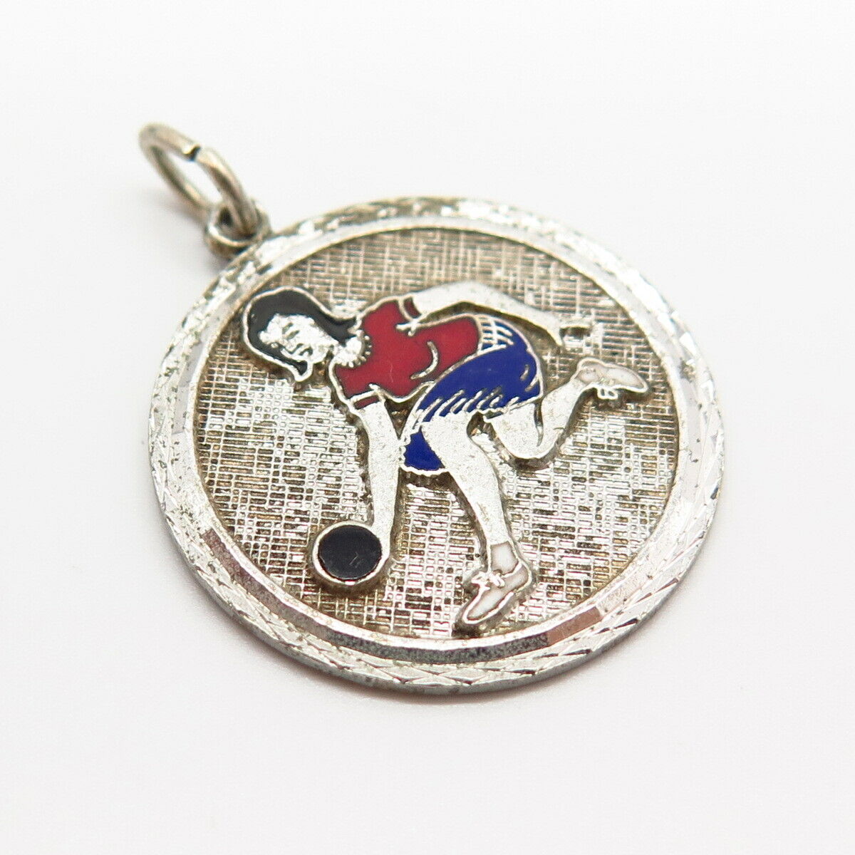 925 Sterling Silver Vintage Enamel Bowling Girl Design Charm Pendant