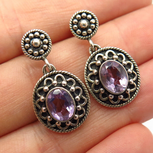 925 Sterling Silver Real Amethyst Gem Floral Design Dangling Earrings