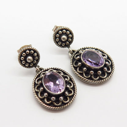 925 Sterling Silver Real Amethyst Gem Floral Design Dangling Earrings