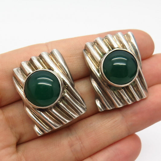 925 Sterling Silver Real Green Onyx Gem Ribbed Design Omega Back Earrings