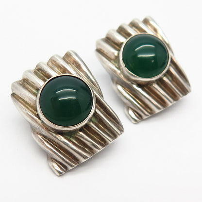 925 Sterling Silver Real Green Onyx Gem Ribbed Design Omega Back Earrings