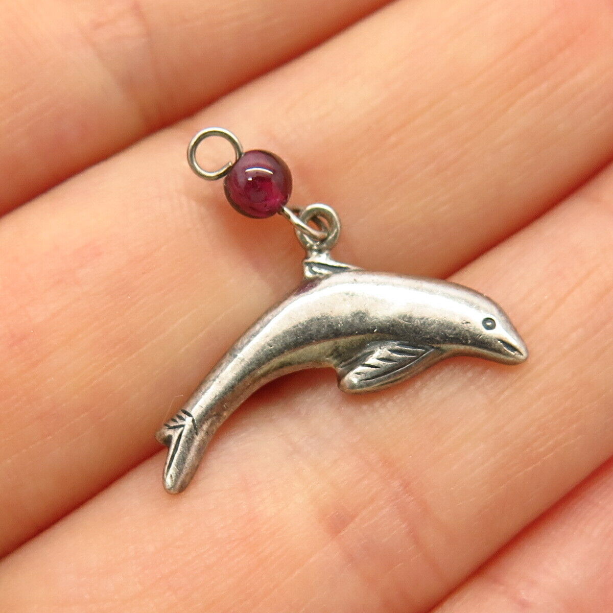 925 Sterling Silver Vintage Rhodolite Garnet Gemstone Fish Design Charm Pendant