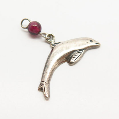 925 Sterling Silver Vintage Rhodolite Garnet Gemstone Fish Design Charm Pendant