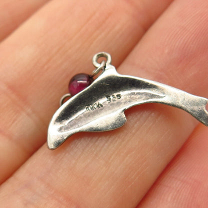 925 Sterling Silver Vintage Rhodolite Garnet Gemstone Fish Design Charm Pendant