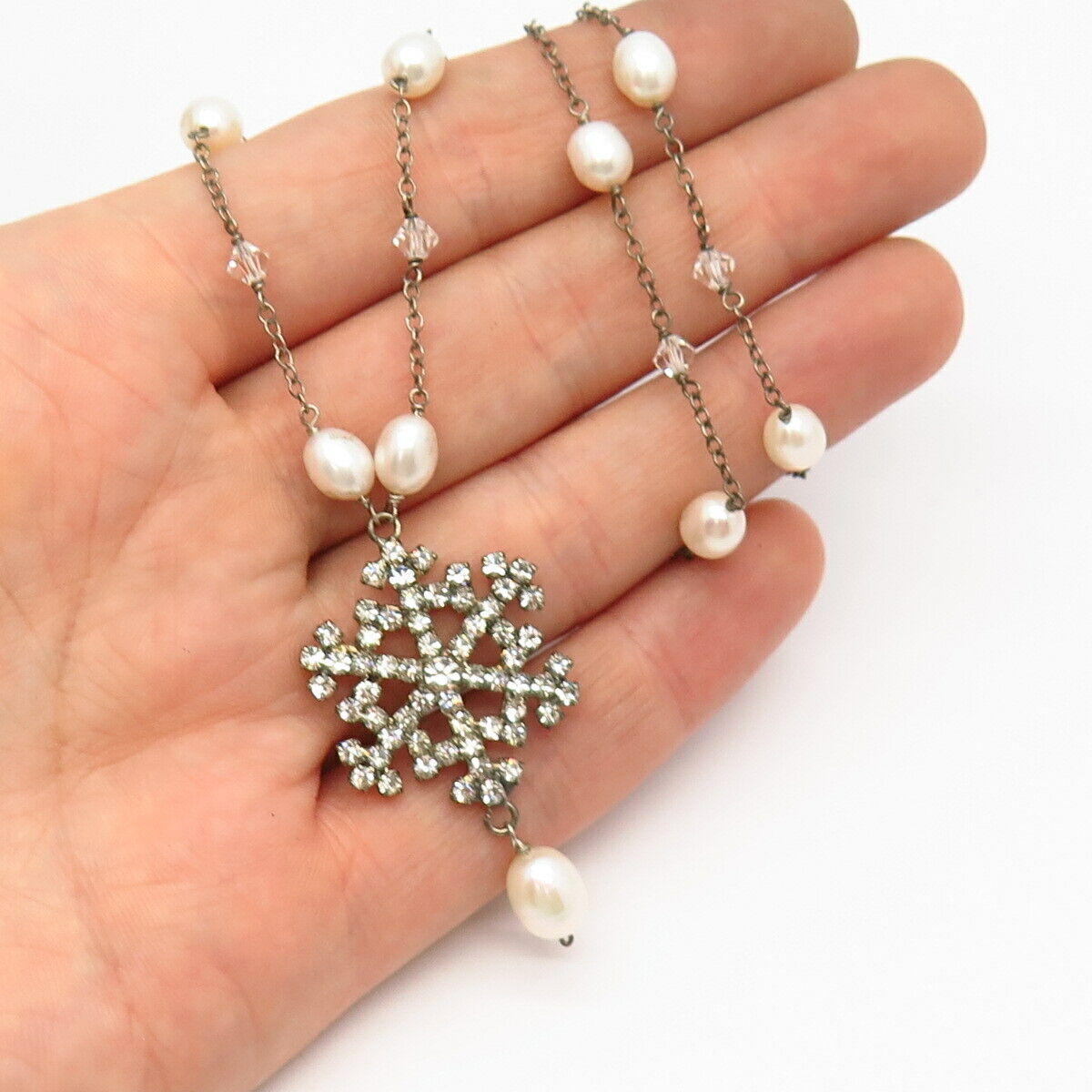 925 Sterling Silver Pearl & C Z Snowflake Design Bead Station Chain Necklace 15"