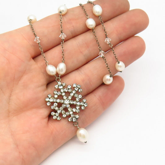 925 Sterling Silver Pearl & C Z Snowflake Design Bead Station Chain Necklace 15"