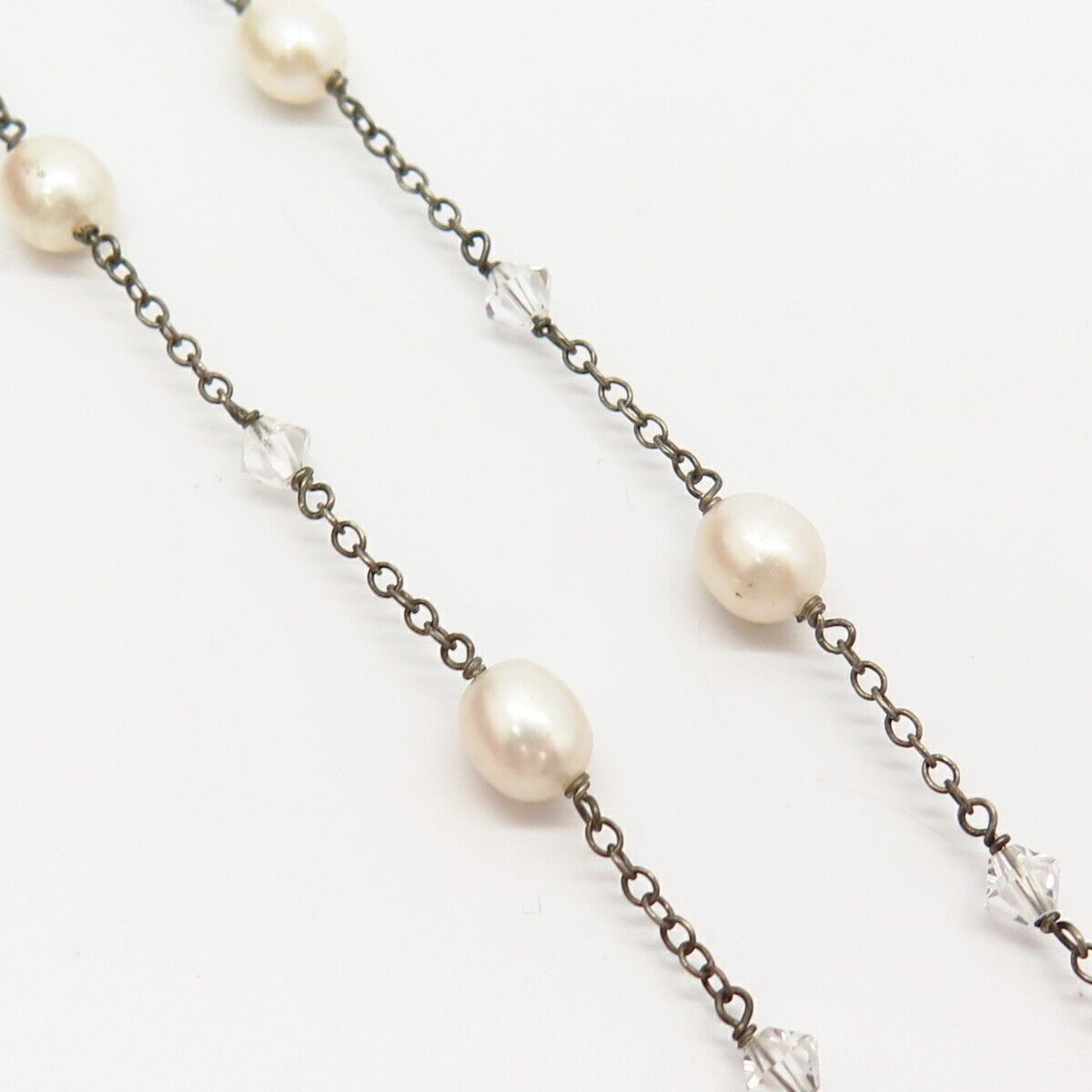 925 Sterling Silver Pearl & C Z Snowflake Design Bead Station Chain Necklace 15"