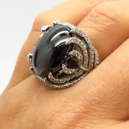 925 Sterling Silver Real Melanite Gem & C Z Feather Wide Ring Size 7 1/4