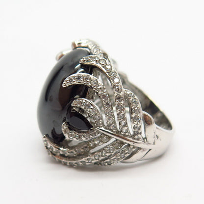 925 Sterling Silver Real Melanite Gem & C Z Feather Wide Ring Size 7 1/4